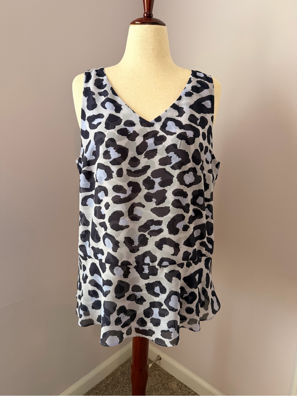 CAbi Leopard Print V-Neck Sleeveless Blouse.  Blue-Lavender-Navy Peplum Top